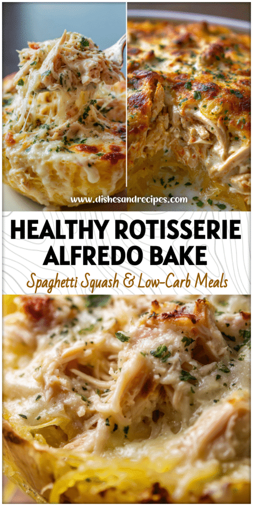 Close-up of rotisserie chicken spaghetti squash alfredo with creamy sauce in a baked shell.